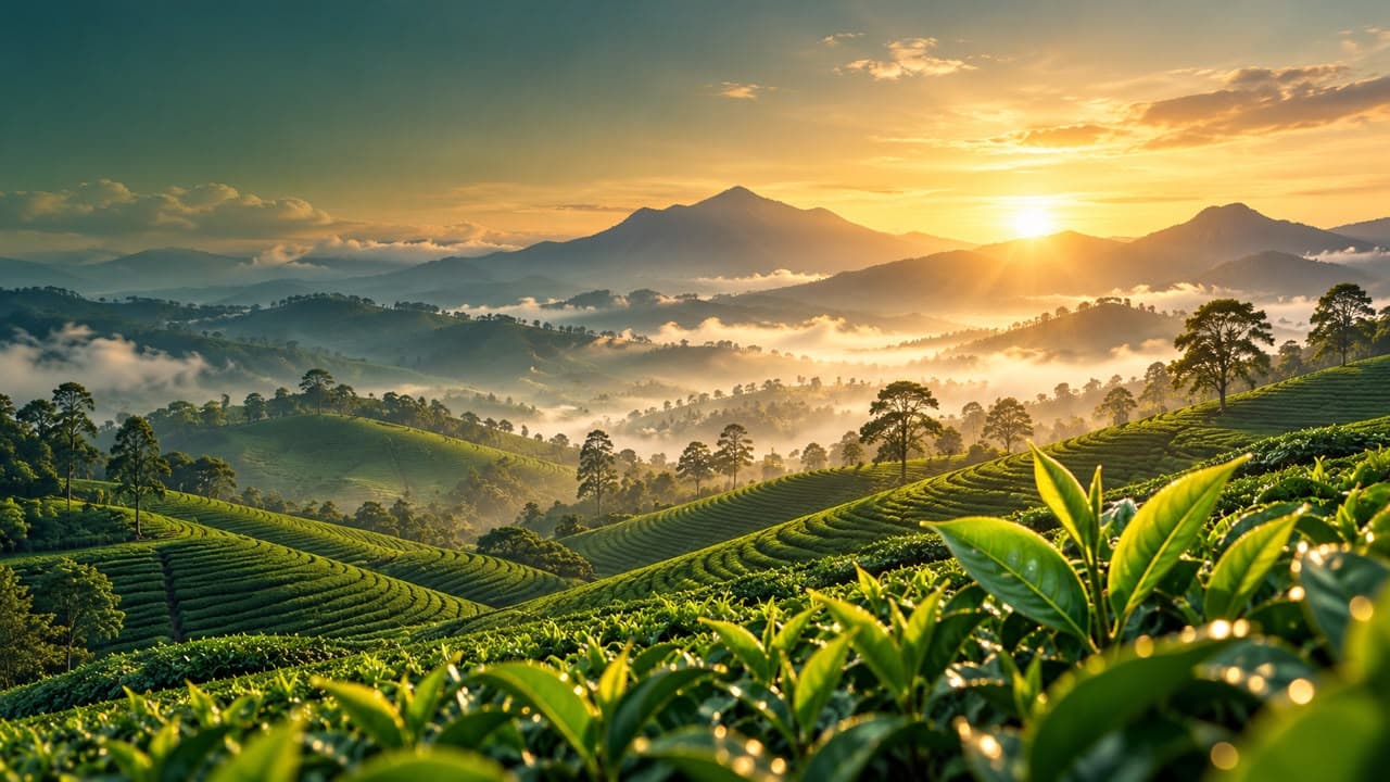 Terraced tea estates in the Ceylon highlands at sunrise